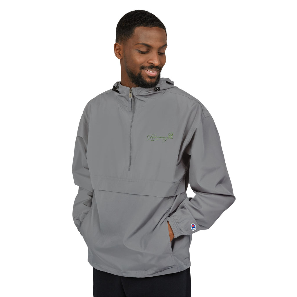 Packable Anorak Jacket — Black Windbreaker with Green Floral "Aqua" Logo