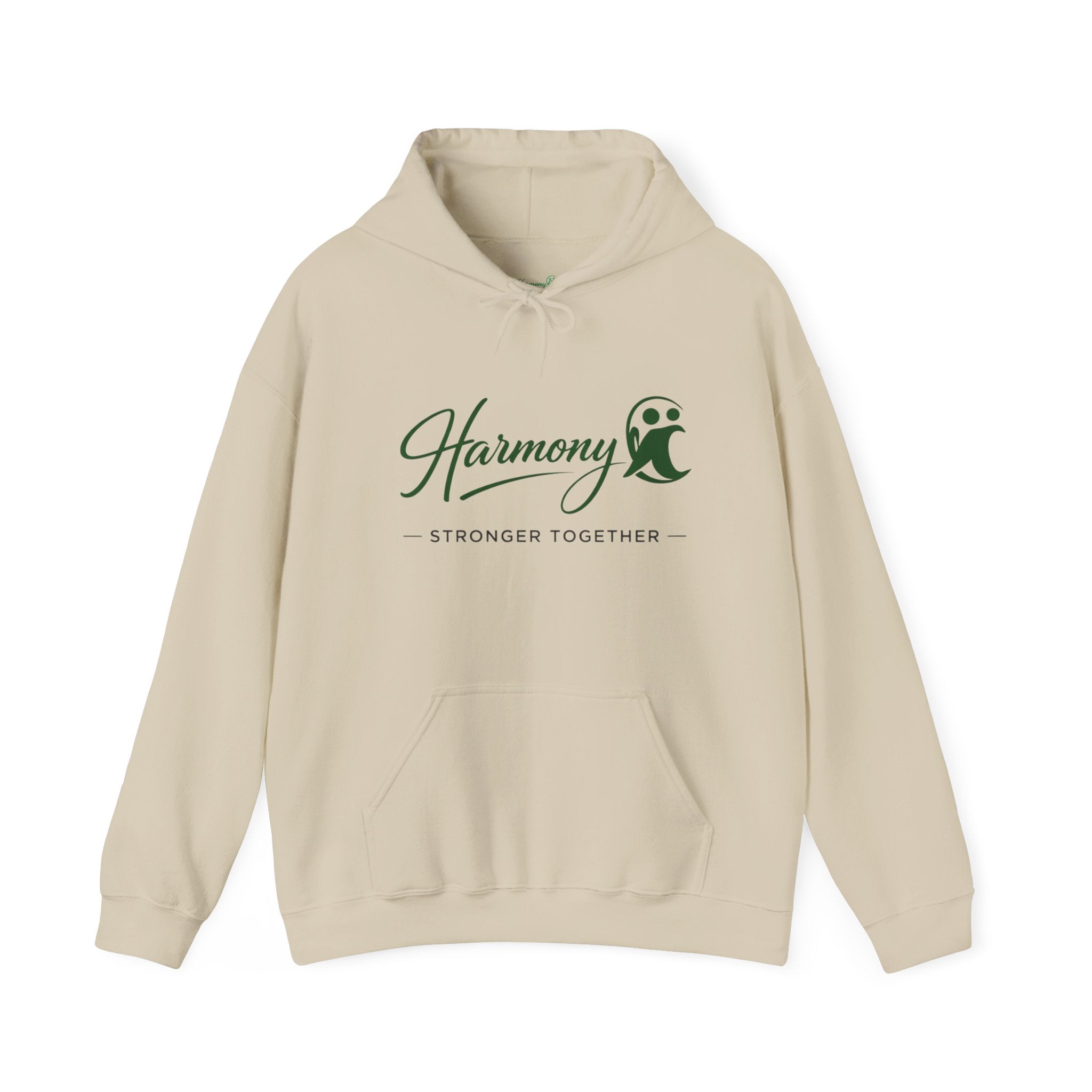 Harmony Script Hoodie — Minimalist White Pullover with Green 'Harmony' Script