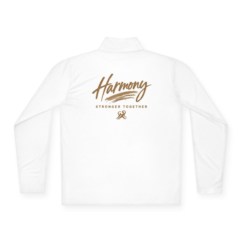 Harmony Quarter-Zip Pullover — "Harmony" Script Pullover with "Stronger Together" Back