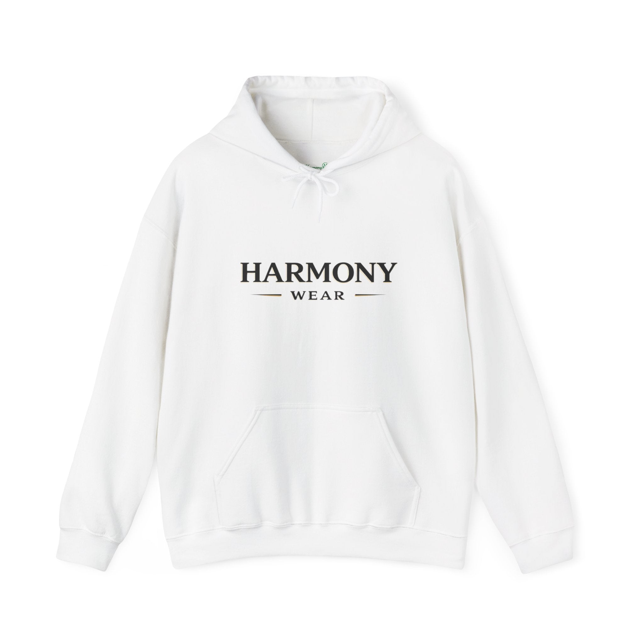 Harmony Script Hoodie — Minimalist White Pullover with Green 'Harmony' Script