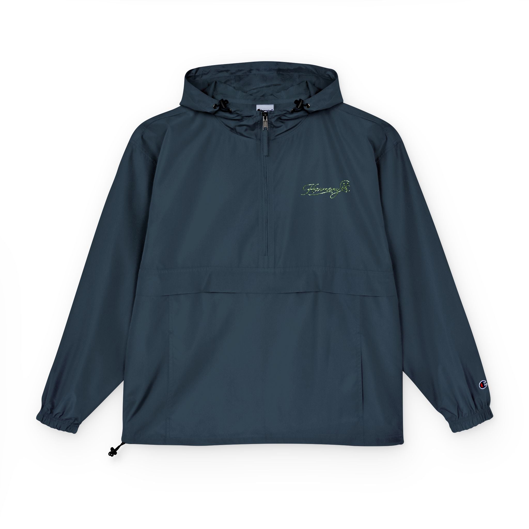 Packable Anorak Jacket — Black Windbreaker with Green Floral "Aqua" Logo