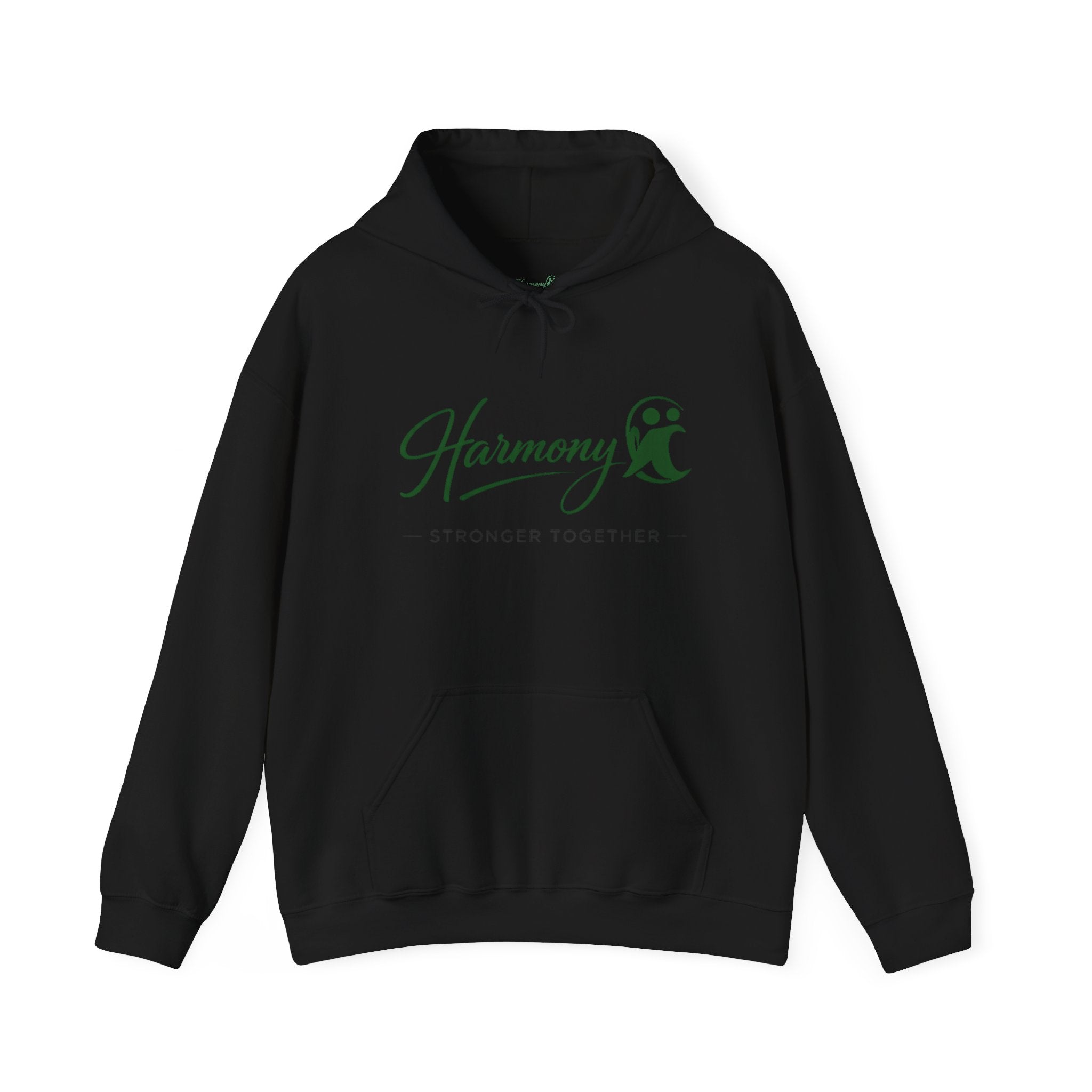 Harmony Script Hoodie — Minimalist White Pullover with Green 'Harmony' Script