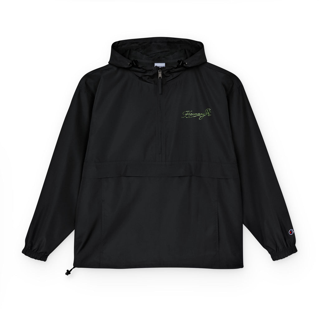 Packable Anorak Jacket — Black Windbreaker with Green Floral "Aqua" Logo