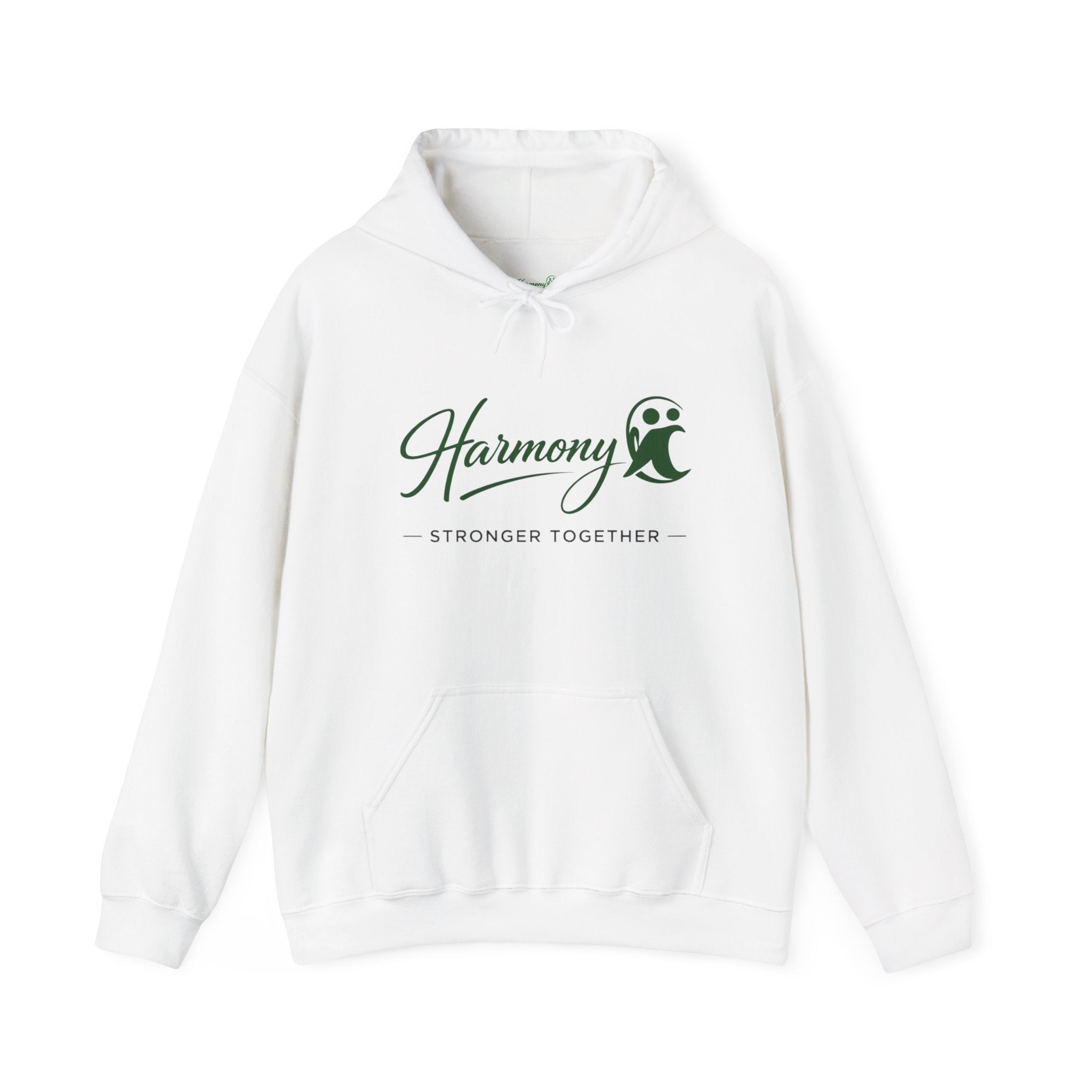 Harmony Script Hoodie — Minimalist White Pullover with Green 'Harmony' Script