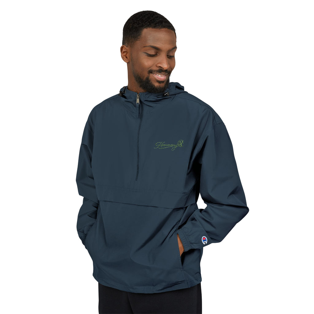 Packable Anorak Jacket — Black Windbreaker with Green Floral "Aqua" Logo