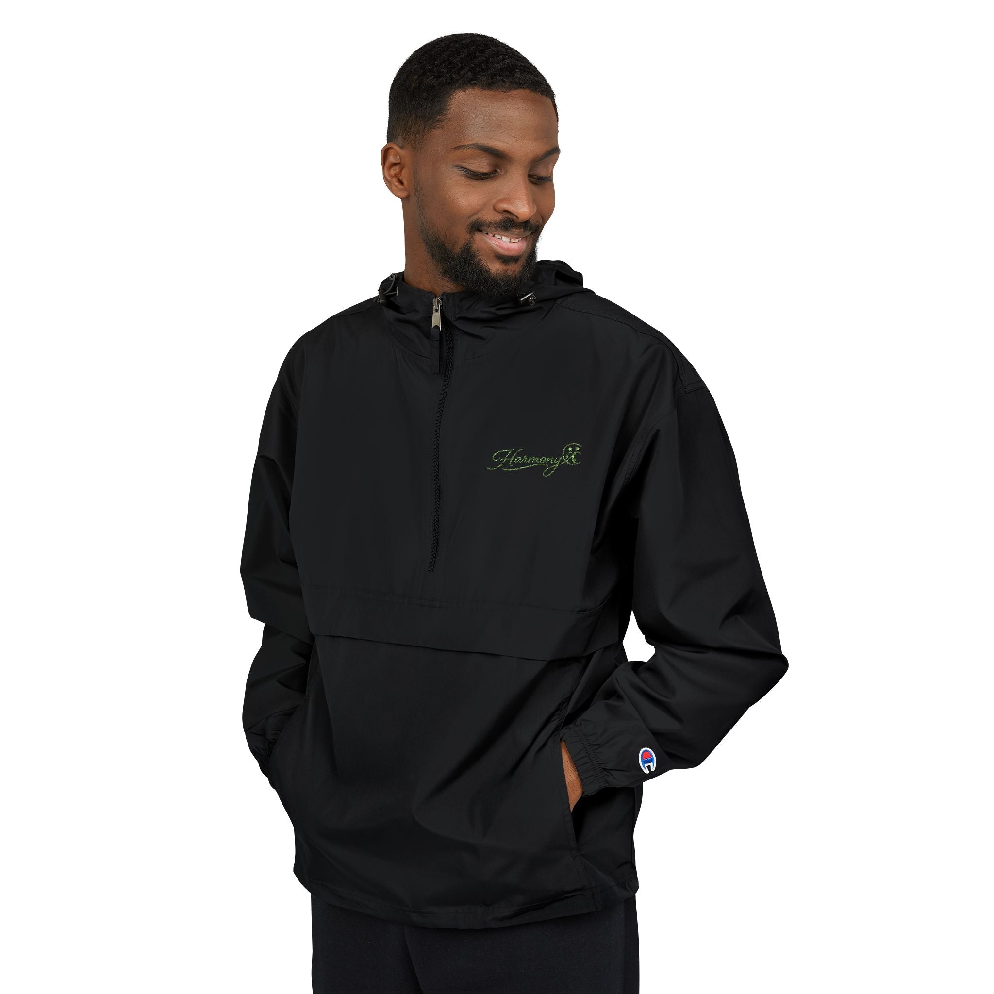 Packable Anorak Jacket — Black Windbreaker with Green Floral "Aqua" Logo