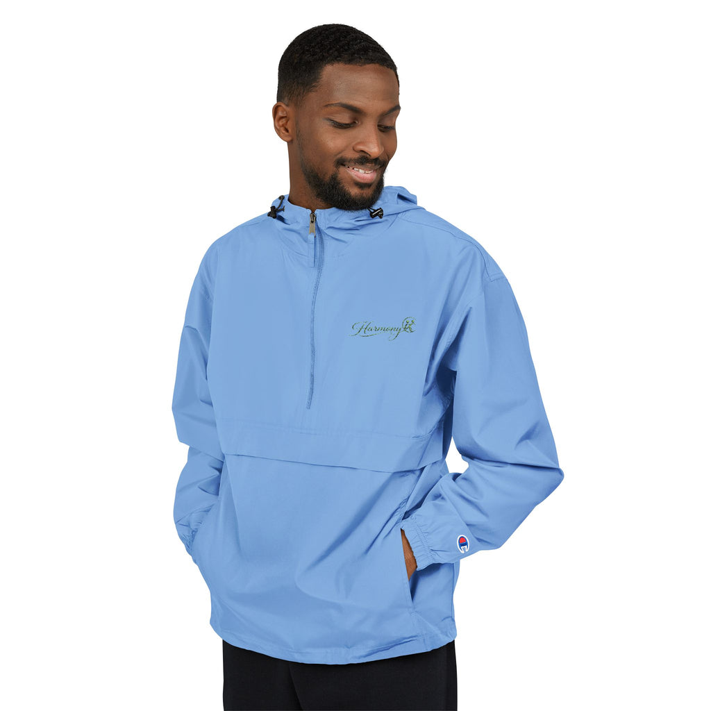 Packable Anorak Jacket — Black Windbreaker with Green Floral "Aqua" Logo