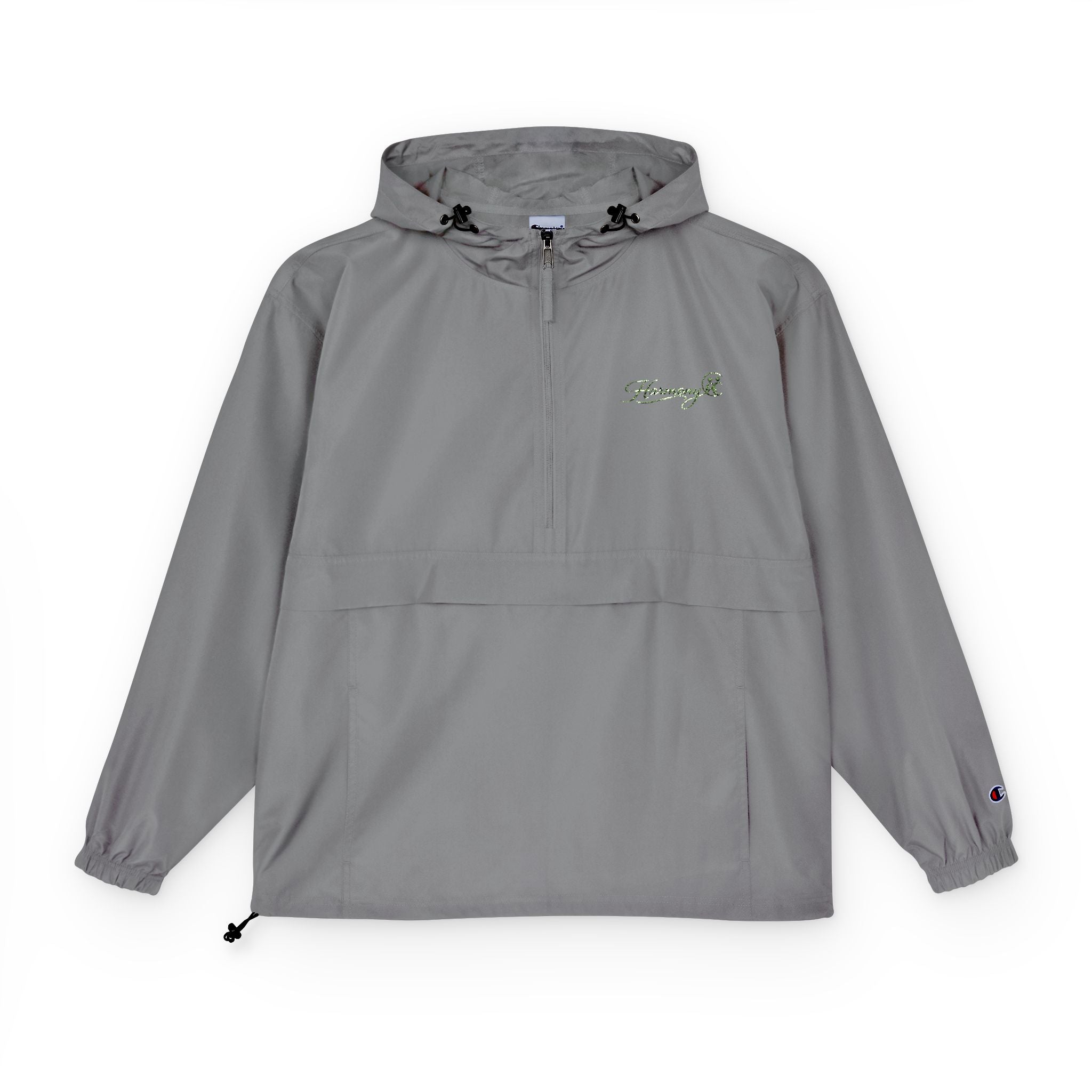 Packable Anorak Jacket — Black Windbreaker with Green Floral "Aqua" Logo