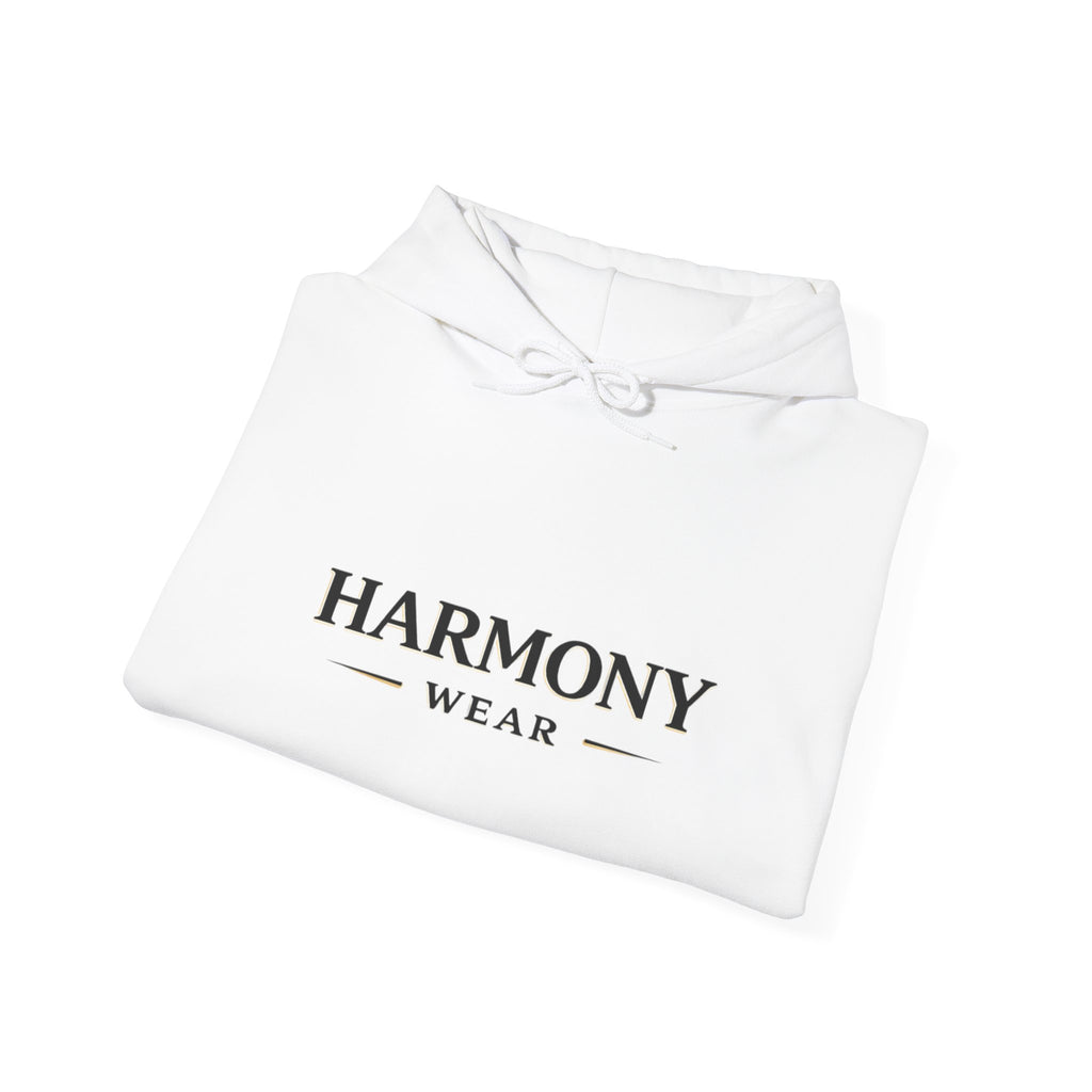Harmony Script Hoodie — Minimalist White Pullover with Green 'Harmony' Script