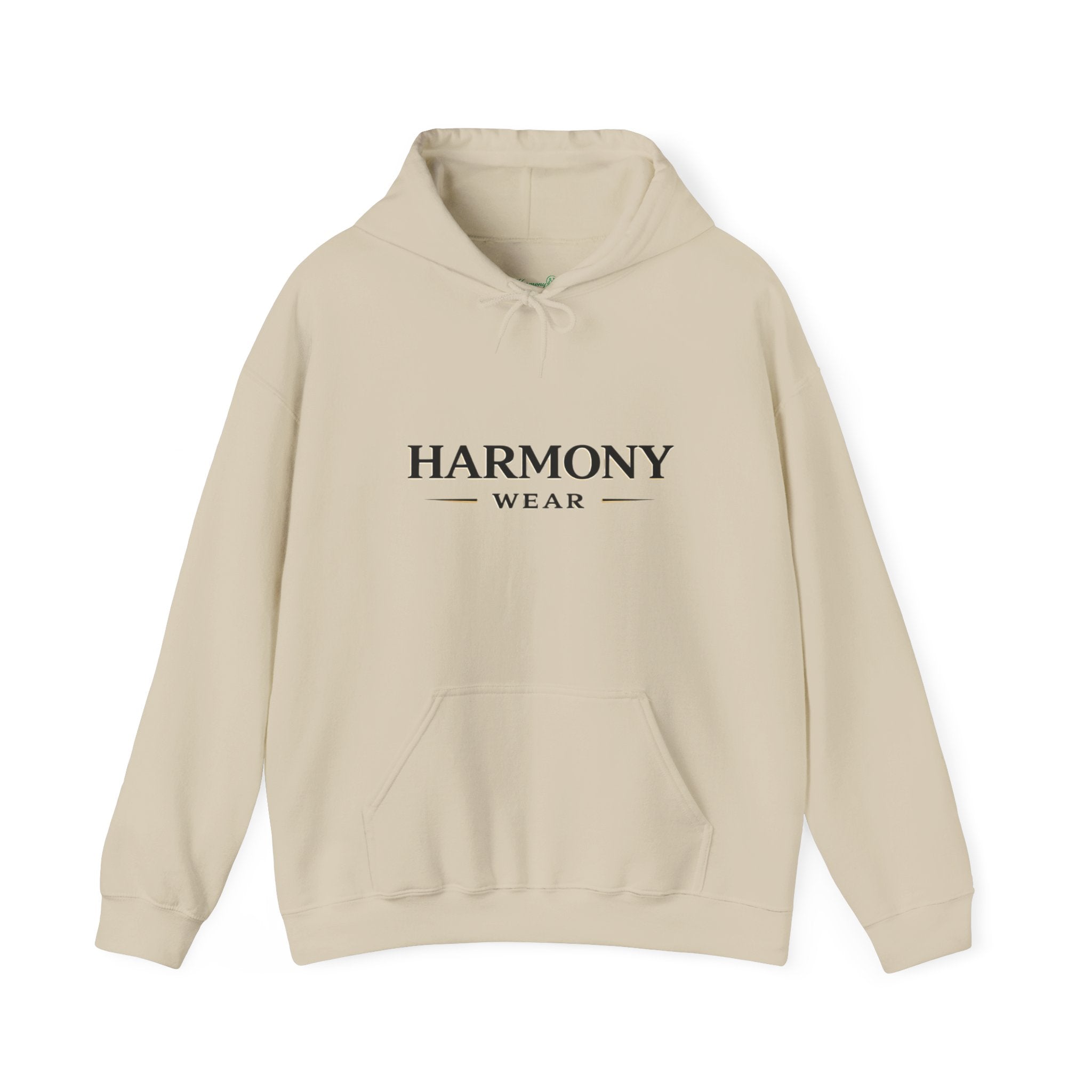 Harmony Script Hoodie — Minimalist White Pullover with Green 'Harmony' Script