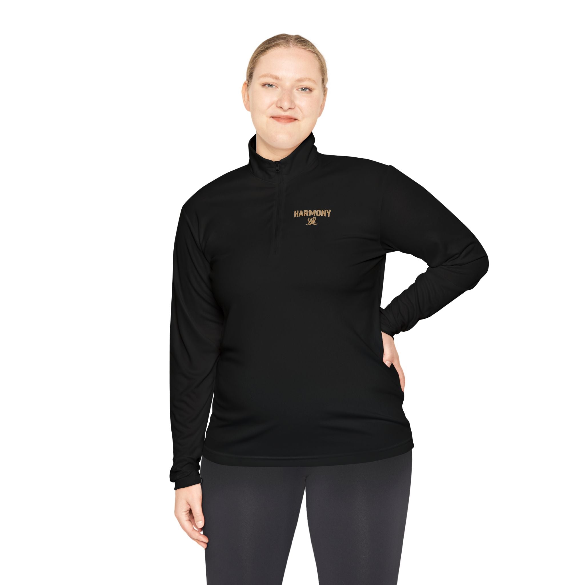 Harmony Quarter-Zip Pullover — "Harmony" Script Pullover with "Stronger Together" Back