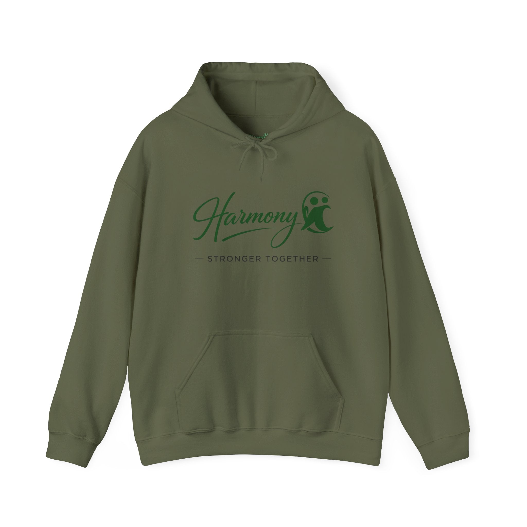 Harmony Script Hoodie — Minimalist White Pullover with Green 'Harmony' Script