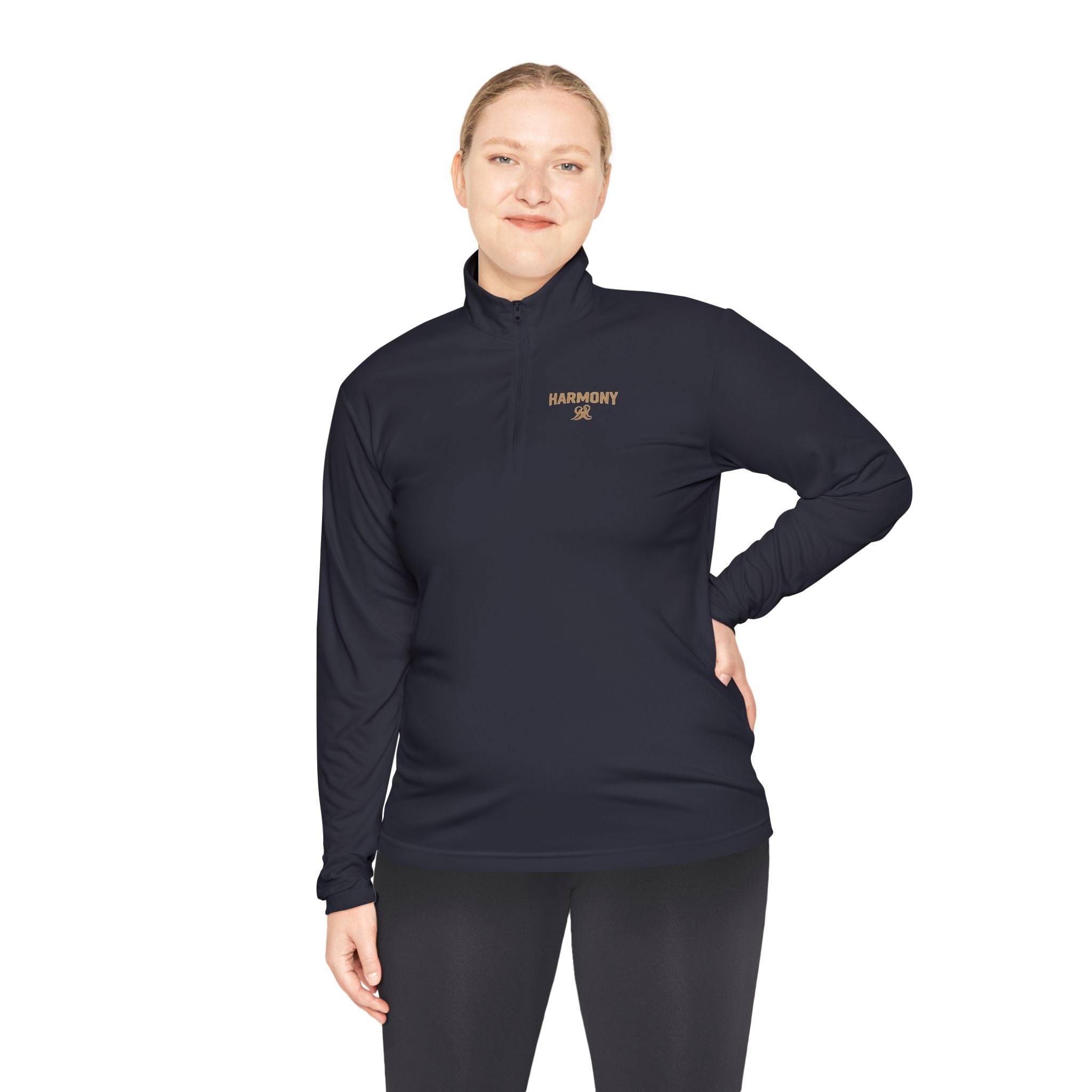 Harmony Quarter-Zip Pullover — "Harmony" Script Pullover with "Stronger Together" Back